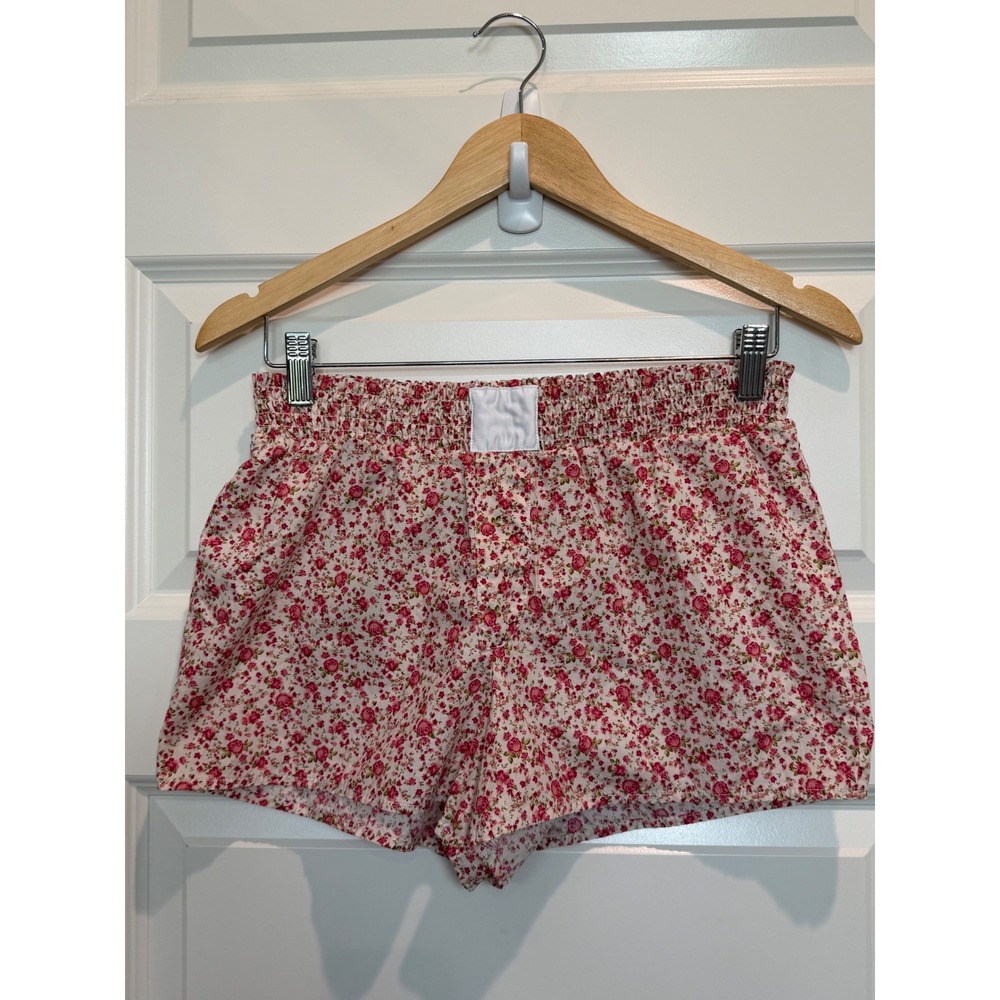 Threads of LUXX Womens Pink Floral Cotton Smocked Waist Lounge Pajama Shorts S